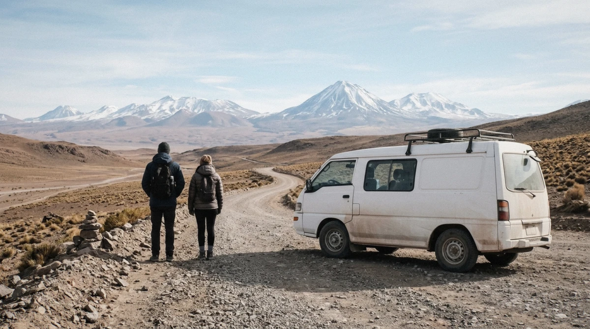 Tour van pulled over on the high altiplano road with volcanoes on the horizon during a San Pedro to Uyuni 3-day tour crossing into Bolivia