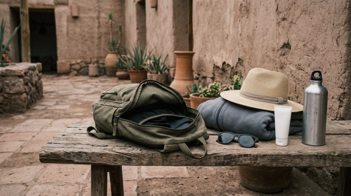 A daypack packed with a towel, water bottle and swimsuit for an Atacama canyon trekking hot springs hike near San Pedro de Atacama