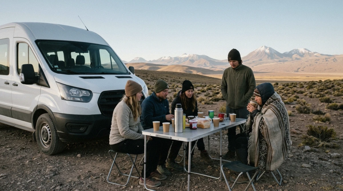 Travelers pause for a warm drink during a morning of Atacama Desert tours, the same unhurried pace that shapes the Lickanantay ancestral llama walk near San Pedro de Atacama