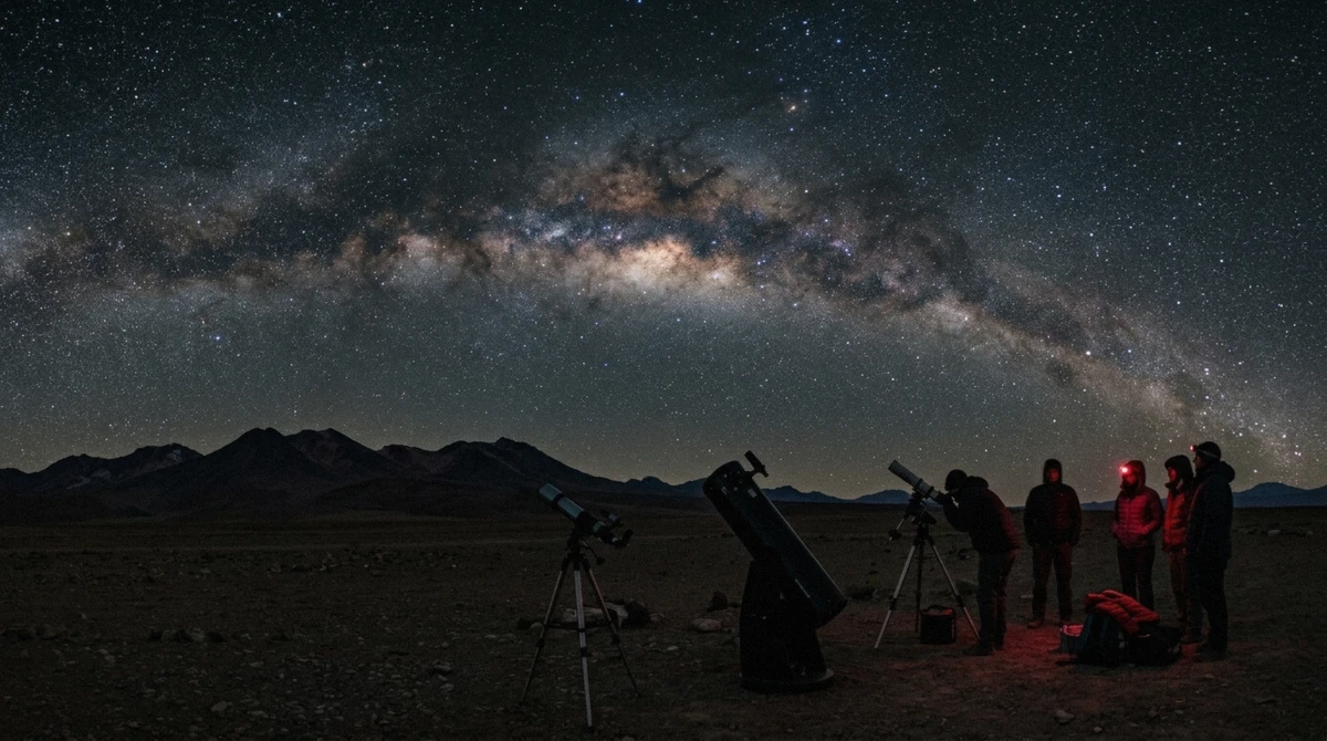 A guide setting up a telescope under a dense field of stars, the clear-sky conditions that make almost any month good for an Atacama Desert stargazing tour